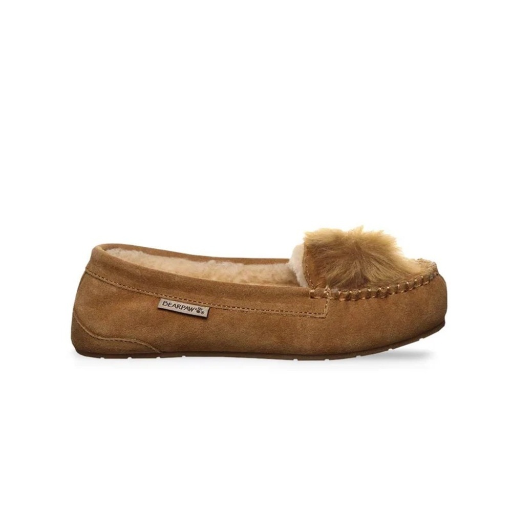 BearPaw Women's Chestnut Suede Moccasin Slipper with Pom